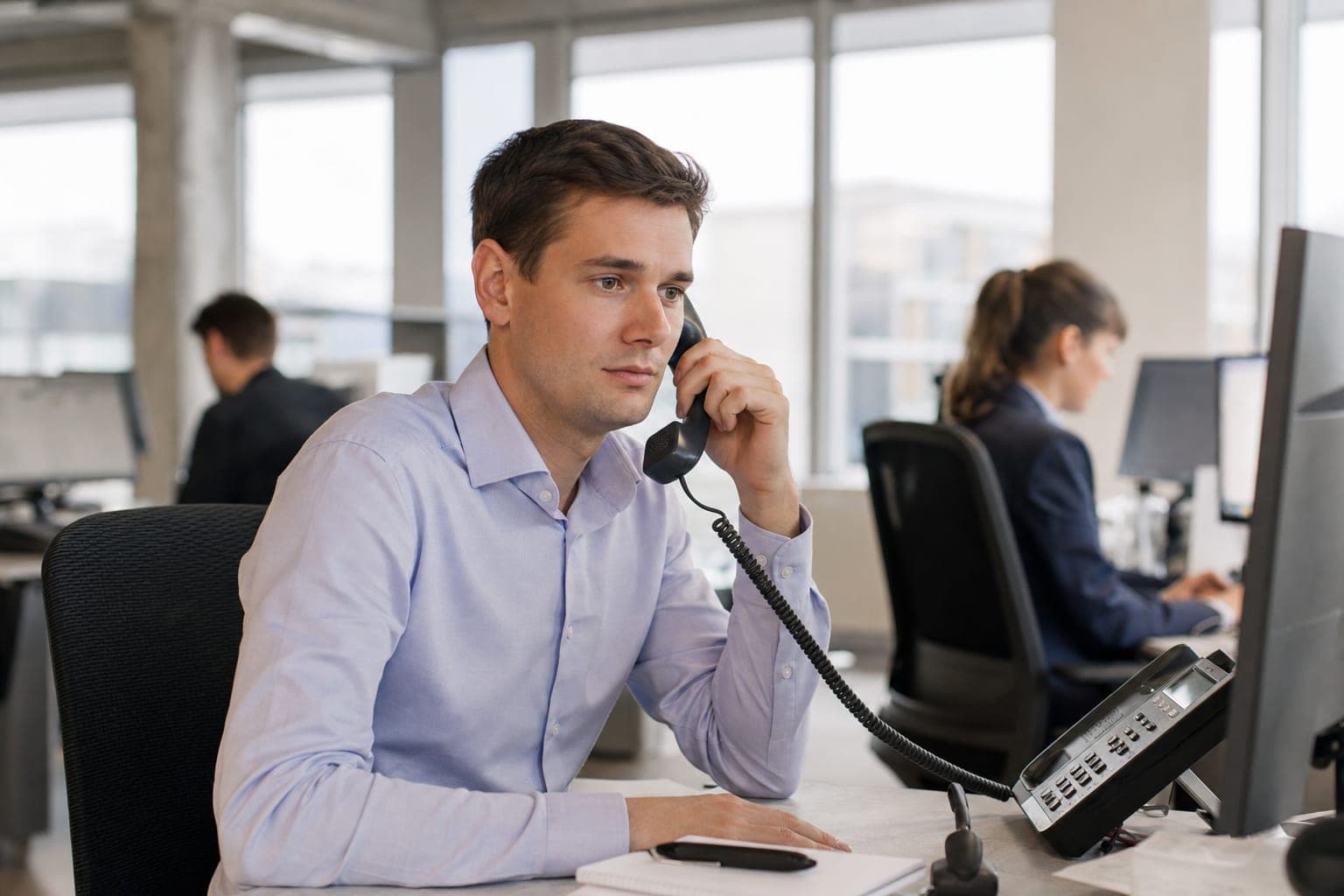 Recruiter im Büro am Telefon, daneben Notizblock und Tischapparat